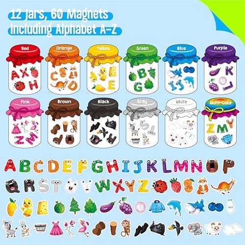 12 Pieces Magnetic Color Sorting Jars, 60 Color & Letter Magnets for Fridge Whiteboard, Early Educational Sorting Toy Set, Alphabet A-Z Learning Tool for Baby Toddlers Kids - Image 3