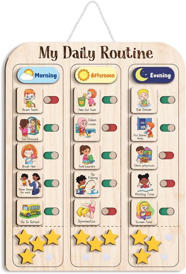 My Daily Routine Chart for Kids 11x14 Inch – Wooden Chore Chart with Morning Afternoon Evening Sections, Visual Schedule Board with Sliding Trackers & Star Reward System for Toddlers by TinyKidz
