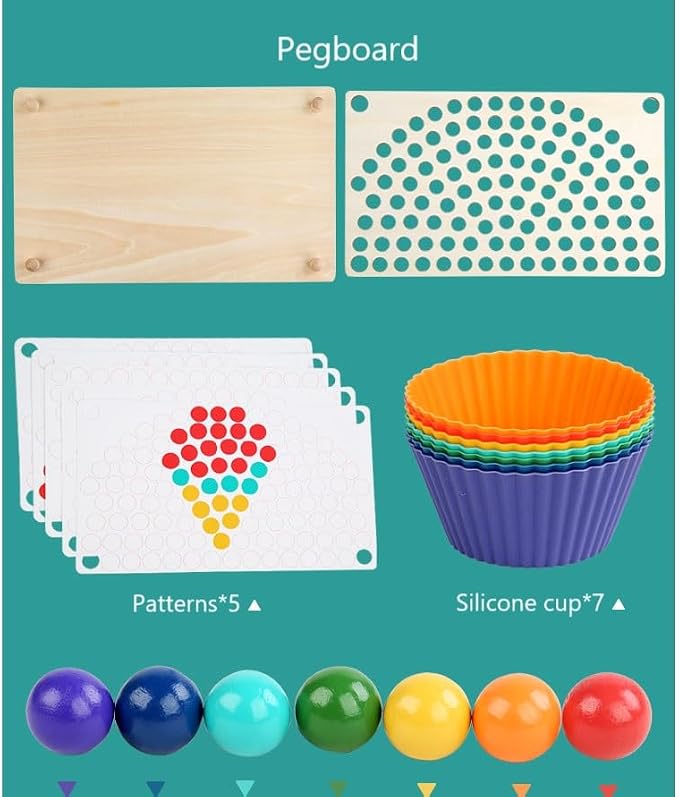 Practical Life Skill Sponging Chopsticks Tonging Job/Work, Wooden Pegboard Beads Color Matching Game Toy, Rainbow Toy Montessori Primary Classroom, Boys and Girls Gift 3 Years & up - Image 8