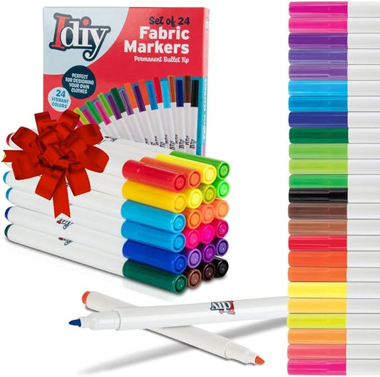 Fabric Markers (24 Colors) Permanent Coloring DIY Paint Pens-Art Paint Pens Kit w/Fine Bullet Tip for Clothes & Fabric-Fade Proof & No Bleed, Child Safe, Non-Toxic, Arts & Crafts Summer Camp Activity