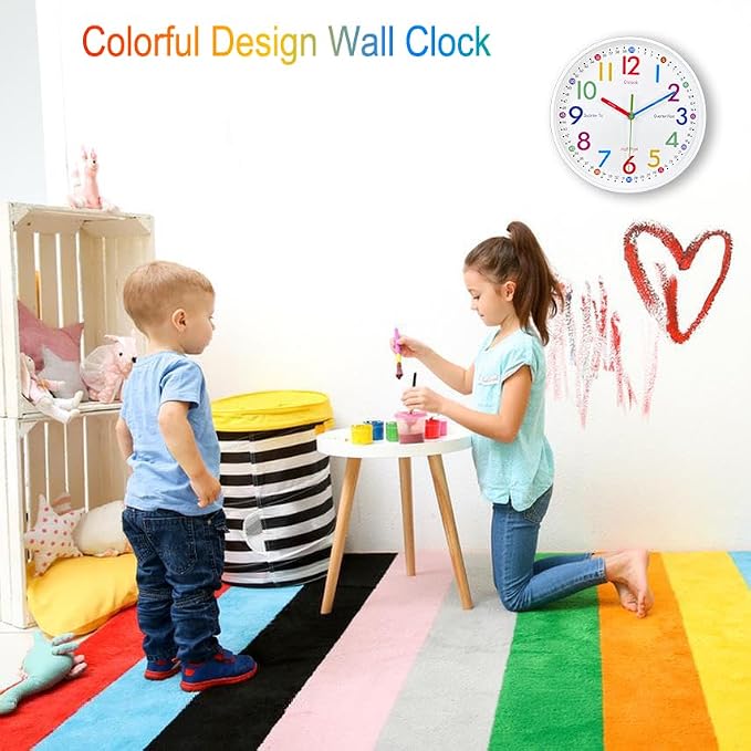 AIRUIFU Wall Clock for Kids Learning to Teaching Time Wall Clocks Battery Operated Silent Non Ticking - Analog Colorful Clock Decorative for Kids Room,Classroom,School,Nursery School,playroom(8 Inch) - Image 3