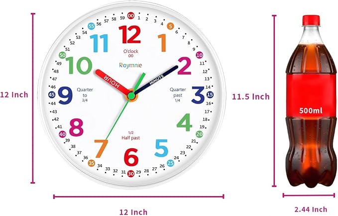 Roymnie 12" Wall Clock for Kids Learning Battery Operated Teaching Silent - Image 2
