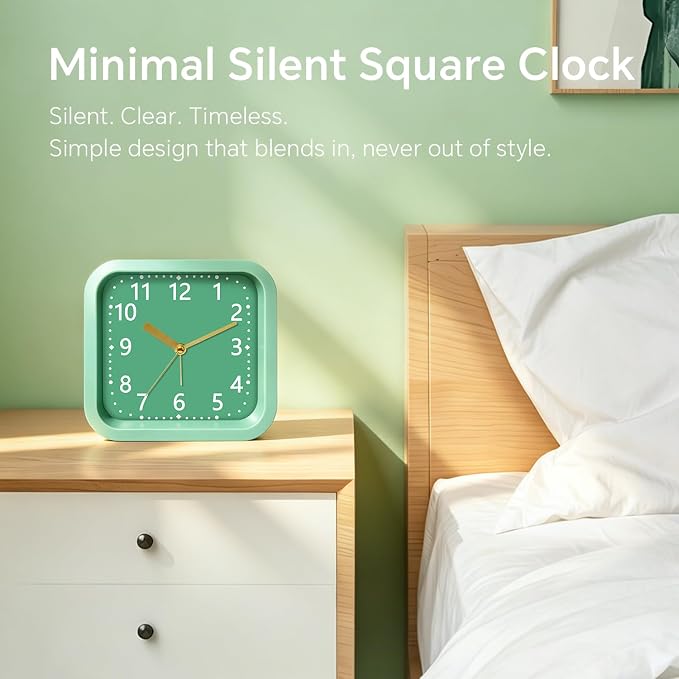 Simple Analog Loud Alarm Clock for Heavy Sleepers, 4.5" Square Plastic Silent Battery Operated Alarm Clocks with Easy Read Dial, Desk Clock for Bedroom Adults Seniors College Students, Green - Image 7