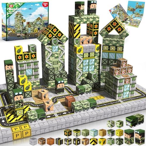 100PCS Magnetic Blocks - STEM Magnetic Building Blocks for Kids Military Construction Cube Toys Games, Educational Sensory Stacking Magnets Cube Toys for Kids Birthday Gifts Boys & Girls by BuildCreateExplore