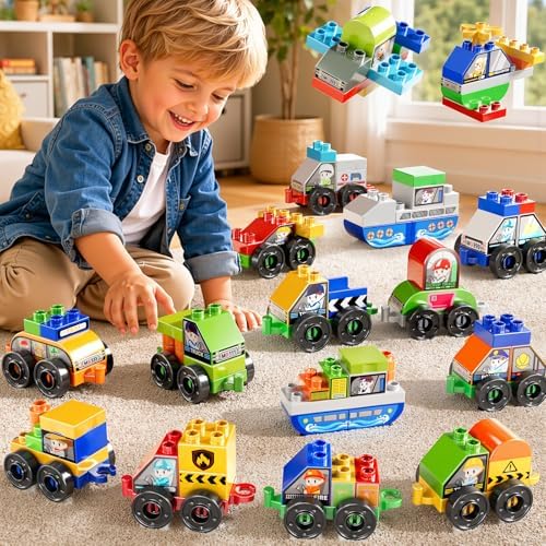 Toddlers Car Building Blocks Set, 16Pcs Different Vehicles, Build Your Own Toy Cars, STEM Learning Toy for Ages 3-5, Gifts Toys for 3 4 5 4 7 8 Year Old Boys Girls by Unknown