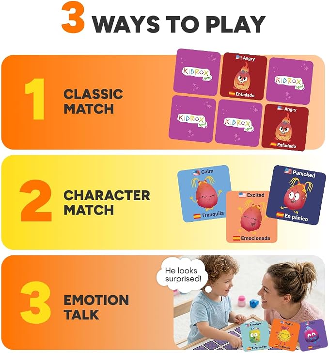 Kidrox Emotions Matching Game – Bilingual Memory Card Game in English & Spanish for Kids Ages 3+ | Learn & Mimic Emotions with Kidrox Squad | Premium Magnetic Box | 40 Tiles - Image 4