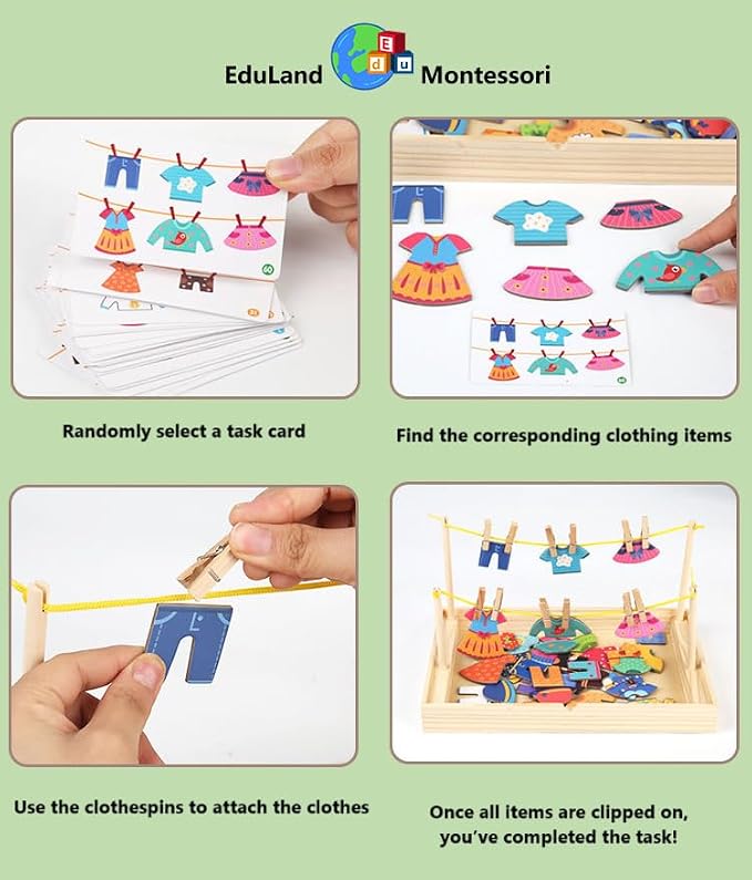 Montessori Practical Life Clothes Hanging Job, Laundry Activity Set with Rope Strings, Clothespins & Dress-Up Air Drying Game Airing Clothes for Toddlers Kids Ages 2-6, Classroom Educational Toy Gift - Image 7