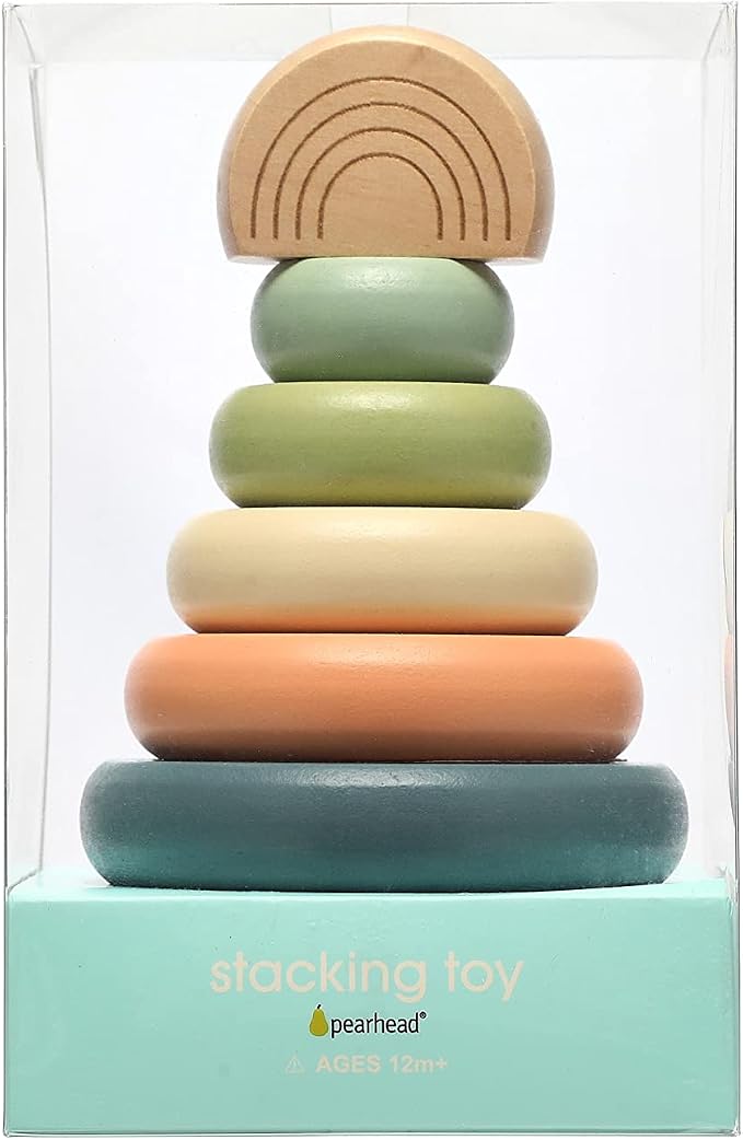 Pearhead Wooden Rainbow Stacking Ring Toy, Montessori Baby Stacker - Image 12