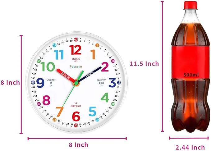 Roymnie Wall Clock for Kids Learning Battery Operated Teaching 8" - Image 3