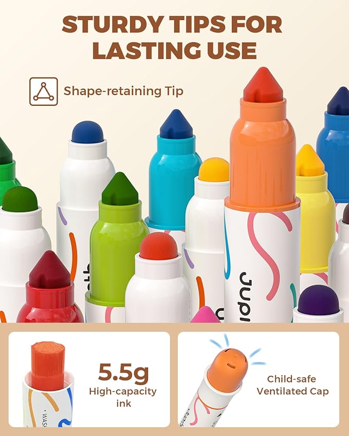 JUPITEARTH Washable Dual Tip Markers for Kids, Broad & Round Tip, Easy-Grip Design for Little Hands, 12 Vibrant Colors Toddler Markers with Portable Case, Ideal Christmas Gift for Kids Toddlers