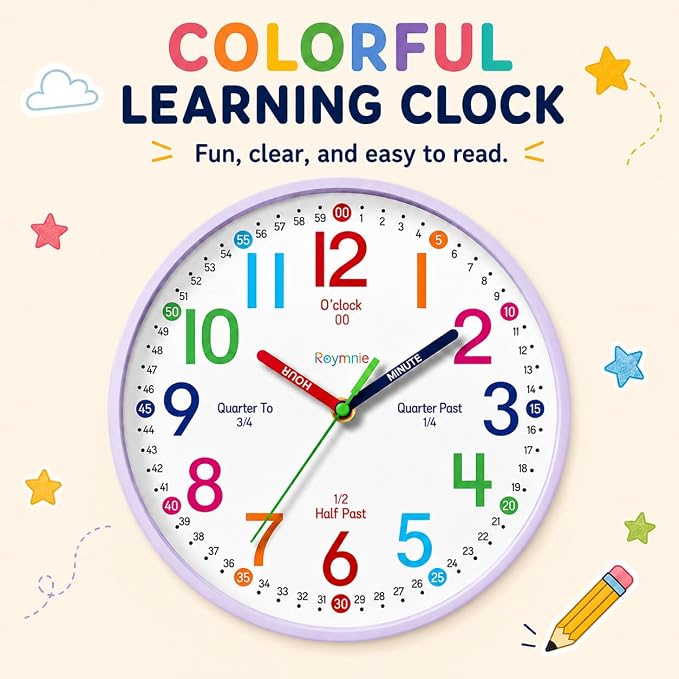 Roymnie Wall Clock 8" for Kids Learning Battery Operated Teaching Silent - Image 6