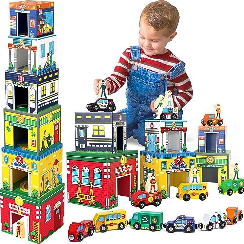 Atoylink Toddler Sorting and Stacking Toys with Magnetic Wooden Cars & Community Helpers, Baby Number Blocks Nesting Boxes Preschool Learning Montessori Toys for 2 3 Year Old Boys Girls Gift - Image 4