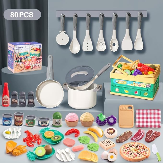 80Pcs Kitchen Playset, Toddler Pretend Cooking with Pots, Pans, Cookware, Food, Picnic Blanket, Fruits, Veges, Shopping Storage Basket, Dessert , Learning Gift for Girls Boys (White) - Image 2