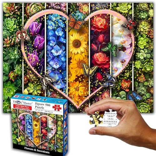 Think2Master Colorful Flowers Succulents & Butterflies 500 Pieces Very Large Pieces Jigsaw Puzzle for 13+ Adults & Seniors. Beautiful Vibrant Heart Valentine's Day Illustration 26.8” X 18.9” by Think2Master