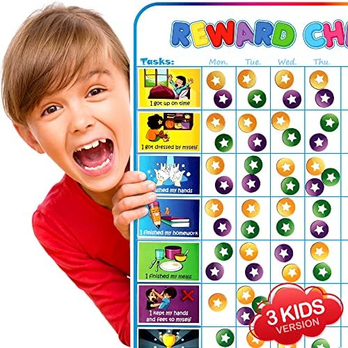 Large Magnetic Reward Chart for Multiple Kids (1-3 Kids) - 127 Pre-Written Stickers (Including Potty Training) + 30 Custom Chores - Behavior, Responsibility & Incentive Star Chart for Your Fridge by HMmagnets