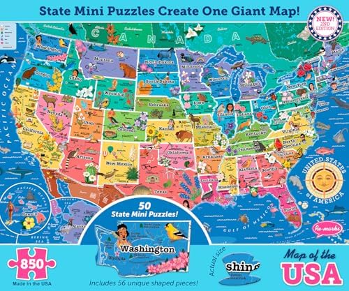 America’s 50 State Jigsaw Puzzle, Educational USA Map with Unique State Shaped Pieces, 850 Pieces, Fun & Interactive Learning for All Ages, Made in the USA by Re-marks
