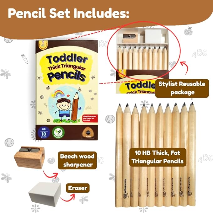 Thick Fat Jumbo Triangular Pencils for Hand Writing Drawing, Age 2+, Preschoolers, Early Learners, and those with Special Needs. Sets of 10 natural wood pencils with a wood sharpener and eraser.