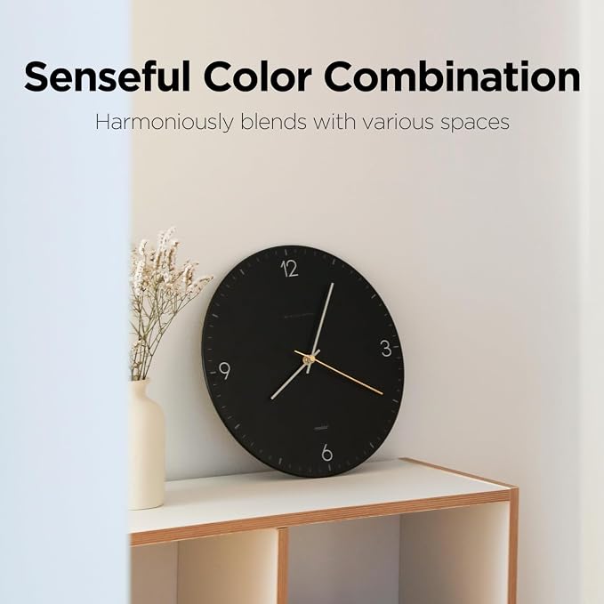 mooas Flatwood Wall Clock,12" Non-Ticking Sweep Movement (Simple Black) - Image 3