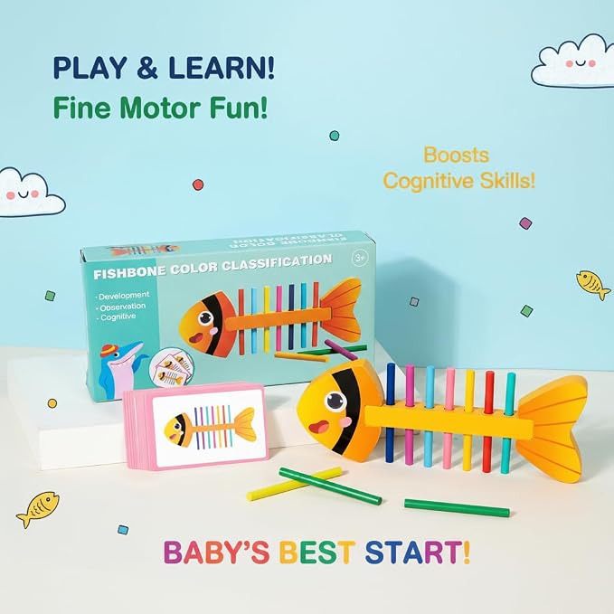 Montessori Fine Motor Skills Toys for Toddlers, Wooden Fishbone Color Matching & Sorting Toy with 20 Task Cards, Learning Educational Gifts for 3 4 5 6 Year Olds, Baby Sensory Training Toys - Image 6
