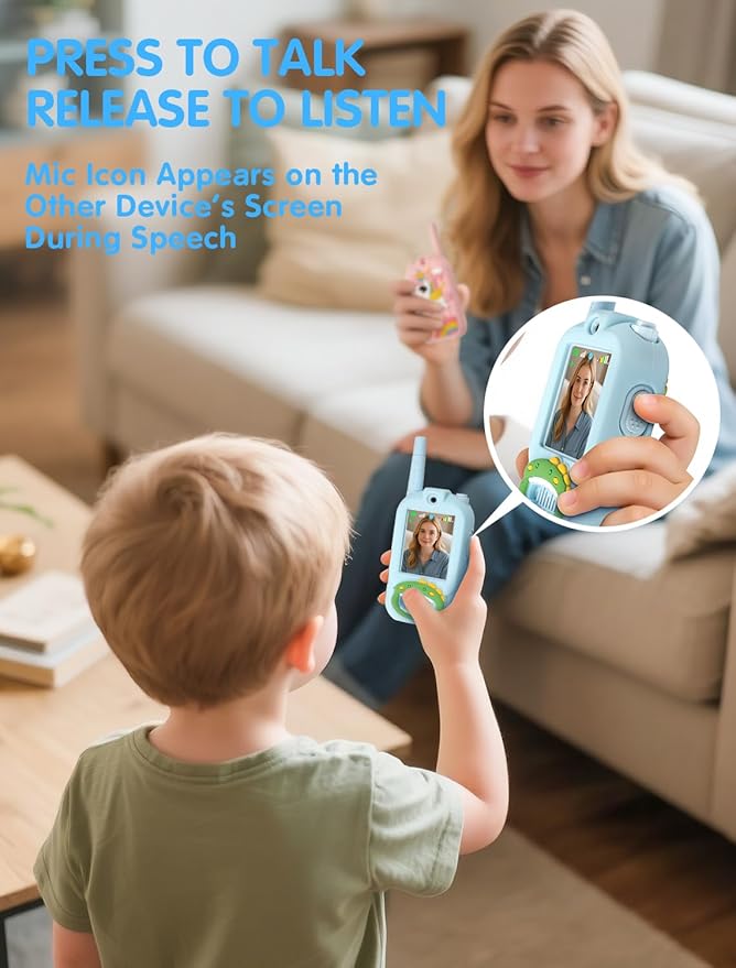 Walkie Talkie for Kids with Video: 2 Pack Rechargeable Toddler Toys with HD Camera & Voice Changer, Long Range Gift Toys for Boy & Girl Age 3-8 for Outdoor Play, Camping (Dinosaur Blue)