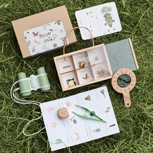 Wooden Scavenger Hunt for Kids Ages 4-8, 6-in-1 Explorer Kit, Bug Catching Kit with Scavenger Hunt Cards, Storage Box, Dice, Magnifying Glass, Indoor/Outdoor Games for Kids Ages 4+ by Samonyed