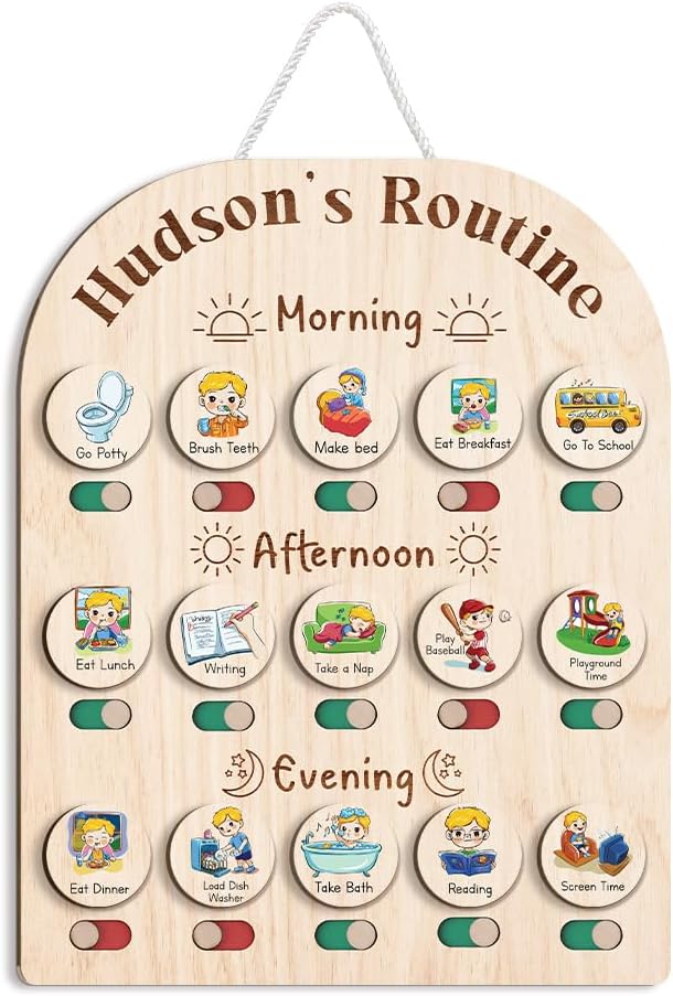 Wooden Chore Chart for Kids Visual Schedule, Routine Chart for Kids, Morning Bedtime Routine Chart for Toddlers Ages 2-4, Daily Kids Schedule Board for Home (04) by TinyKidz