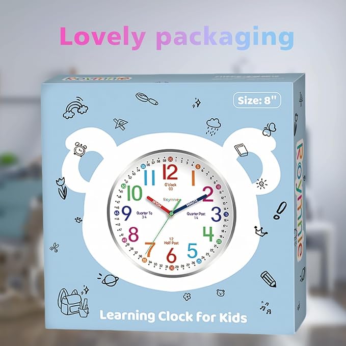 Roymnie Wall Clock for Kids Learning Battery Operated Teaching Silent 8" - Image 5