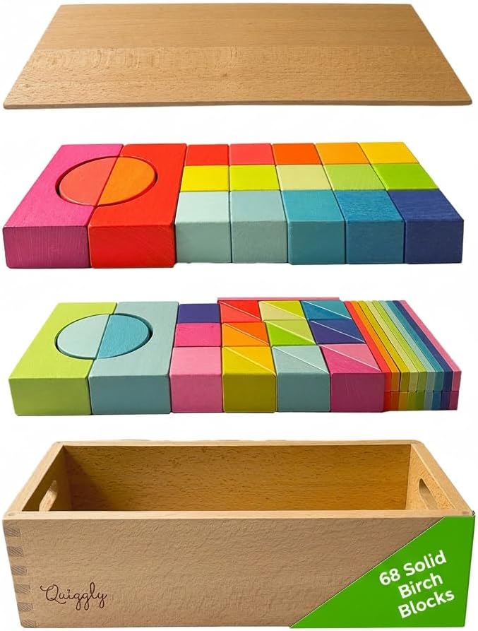 Quiggly Montessori Wooden Rainbow Building Blocks - 68 Pc STEM Toy Set by Quiggly