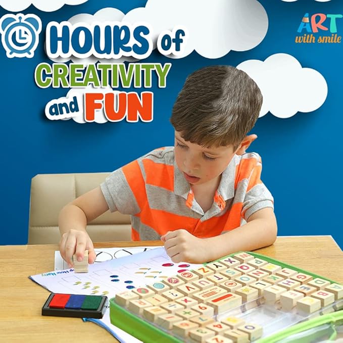 Wooden Large Stamp Premium Set for Kids. 72 Pcs Alphabet Stamps. Letters, Numbers, 3-Color Washable Ink Pad, 3 Refill Bottles, Activity Book. Ideal Creativity Kit
