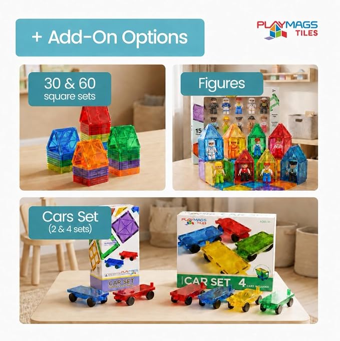 Playmags Magnetic Tiles for Kids 150-Piece Set, STEM Educational Building Blocks Toys for Kids, Includes Click-in ABC Learning Tiles, Gift for Boys & Girls, Add on Magnetic Figures, Car Set Available - Image 3