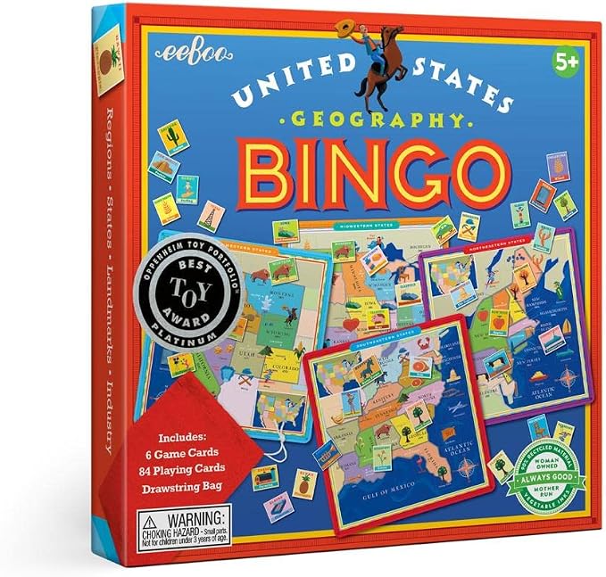 eeBoo: United States Geography Bingo Game, for 2 to 6 Players, Includes 6 Game Cards, 84 Playing Cards, & Drawstring Bag, for Ages 5 and up by eeBoo