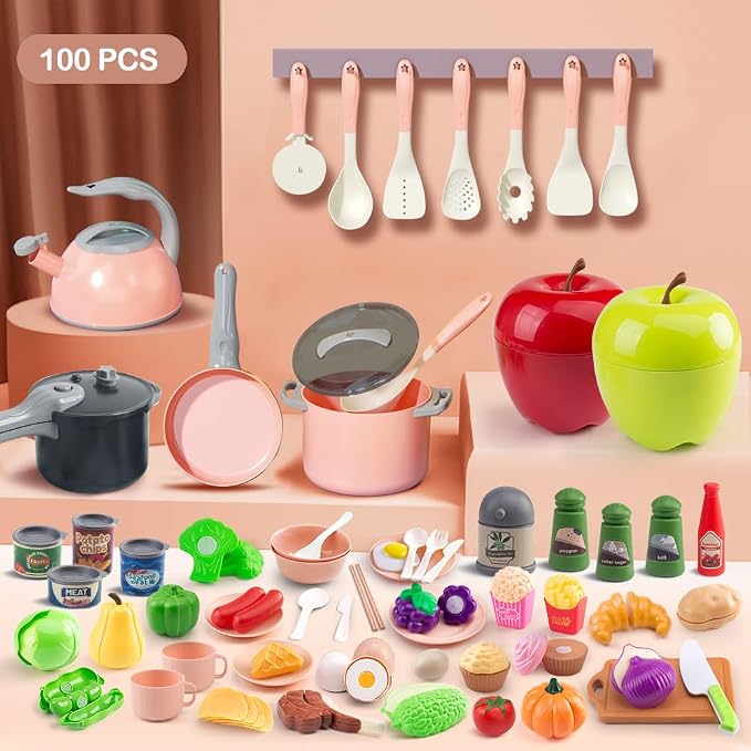 100Pcs Kitchen Playset, Kids Pretend Cooking Play Pots, Pans, Utensils, Cookware, Toy Food Fruits Veggies, with 2 Large Apple - Shaped Storage, Toddler Cooking Learning Gift(Pink) - Image 2