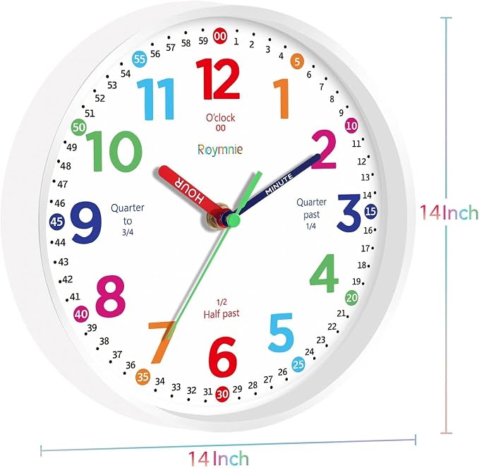 Roymnie 14" Wall Clock for Kids Learning Silent Battery Operated Teaching - Image 9