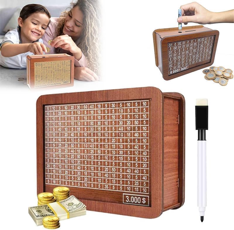 Wooden Coin Bank Money Saving Box, Cash Vault Wooden Savings Box, Wooden Digital Piggy Bank with Counting Target, Money Vault Savings for Boys and Girls (3000 Savings Challenge Box) by MOVVIYE