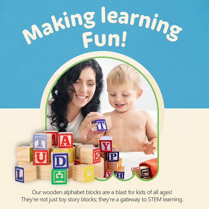 Skoolzy 30 PCS Baby Blocks - Small Wooden ABC Blocks for Toddlers 2-5 - Alphabet Learning & Building Toys