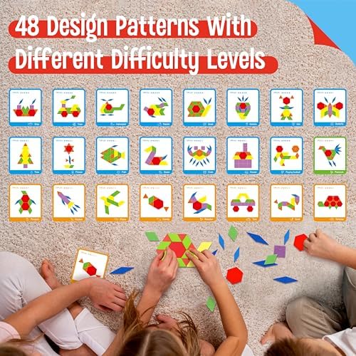 155 PCS Wooden Pattern Blocks Set, 24 Double-Sided Design Cards(48 Patterns) Geometric Shape Puzzle Fun Tangram Montessori Learning Toys for Kids Ages 4-8 (A Storage Bag & A Gift Box) - Image 3
