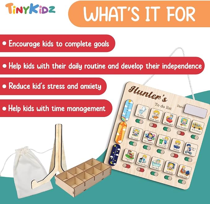 Wooden Chore Chart for Kids Visual Schedule, Routine Chart for Kids, Morning Bedtime Routine Chart for Toddlers Ages 2-4, Daily Kids Schedule Board for Home (14) - Image 3