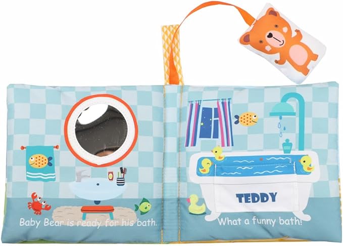 bebe mondo Teddy Bear Baby Book Activity Quiet Cloth Soft Books Developmental Toys Interactive Baby Books for Babies Toddlers Infants, Tummy Time Mirror Toy Gifts for Boys Girl, Goodnight W Box