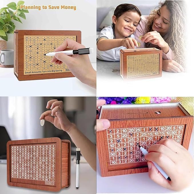 Wooden Coin Bank Money Saving Box, Cash Vault Wooden Savings Box, Wooden Digital Piggy Bank with Counting Target, Money Vault Savings for Boys and Girls (3000 Savings Challenge Box) - Image 5