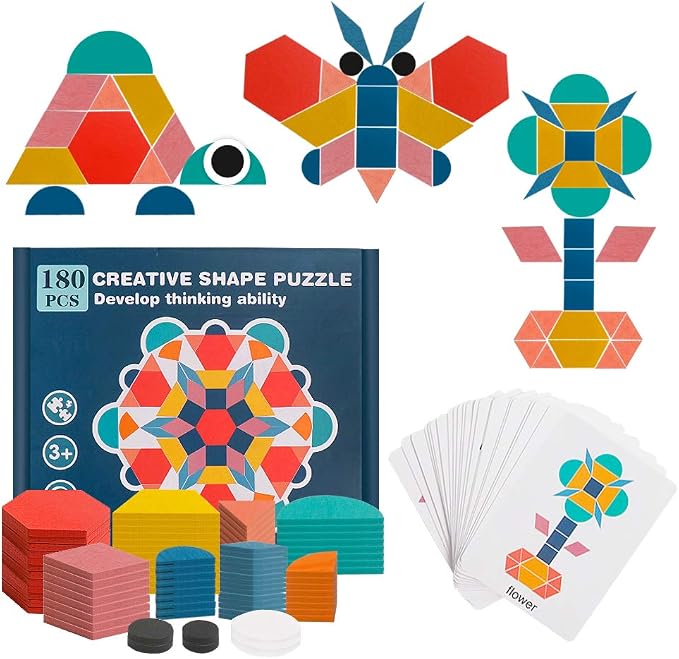 USATDD 180 Pcs Wooden Tangrams Pattern Blocks Set Geometric Manipulative Shape Puzzle Kindergarten Classic Educational Montessori Toys for Kids Toddlers Ages 4-8 with 24 Pcs Flash Cards by USATDD