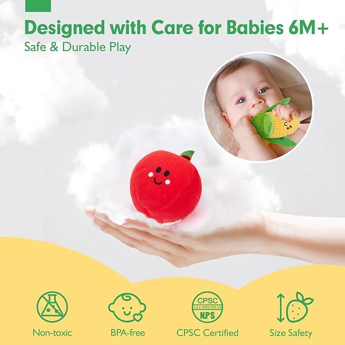 hahaland Baby Sensory Toys - 16 PCS My First Fruit Vegetable Color Sorting Play Food with Crinkle, Rattle, Baby Toys 6-12 Months Montessori Toys for 1 Year Old Boy Girl Gifts Toddler Stocking Stuffers