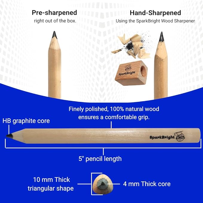 Thick Fat Jumbo Triangular Pencils for Hand Writing Drawing, Age 2+, Preschoolers, Early Learners, and those with Special Needs. Sets of 10 natural wood pencils with a wood sharpener and eraser.