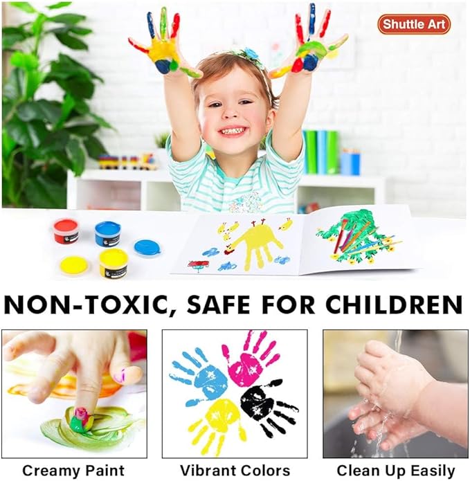 Shuttle Art Washable Finger Paint, 44 PCS with 36 Colors (1 fl oz) Toddler Paint, Paint Brushes, Palette, Non-Toxic Finger Painting for Toddlers