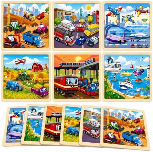 Wooden Puzzles for Toddlers 3-5,6 in 1 Jigsaw Wooden Solar System Puzzles for Ages 4-6,Preschool Educational Brain Toys Gifts for Boys and Girls 2 4 3 5 Year Old（Vehicle） by EggSun