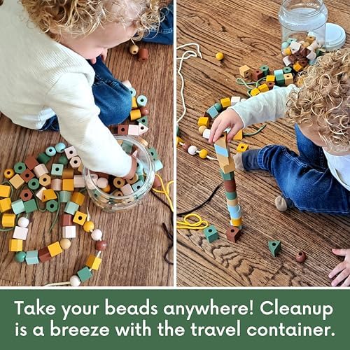 Blu Jay Wooden Lacing Beads & Strings 125 Pieces, Fine Motor Skills Toys for 3 Year Old, Fine Motor Toys, Toy Lacing Beads for Toddlers - Boho Colors - Image 3