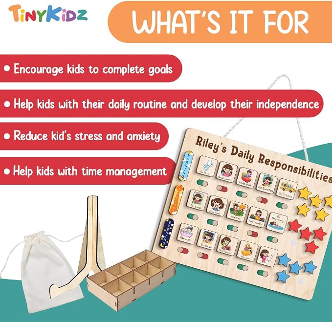 Wooden Chore Chart for Kids Visual Schedule, Routine Chart for Kids, Morning Bedtime Routine Chart for Toddlers Ages 2-4, Daily Kids Schedule Board for Home (18) - Image 3