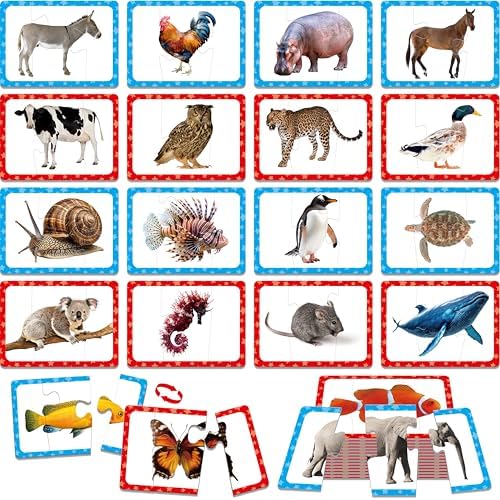 48 Animal Matching Puzzles with Error-Correction, 3-Piece Self-Correcting Puzzle Matching Game Educational Learning Activities for Toddlers, Animal-Themed Learning Games Toys for 3 Years Old by SpriteGru