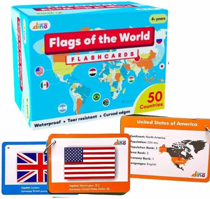 Flags of The World Flashcards | Covers 50 Countries with Country Flag, Map, Economy, Language, Currency & More | Helps Kids Learn Geography in a Fun Way | Premium Quality | by Learning Dino by Unknown