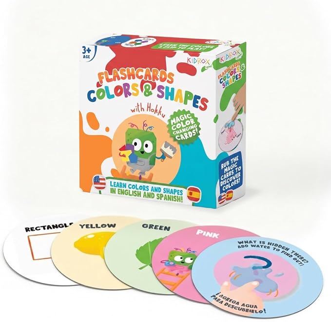 Kidrox Colors & Shapes Flashcards for Toddlers - Learn Colors & Shapes in English & Spanish | 40 Double-Sided Cards + 10 Magic Water Reveal Cards | Bilingual Educational Game for Kids Ages 3+ by Kidrox