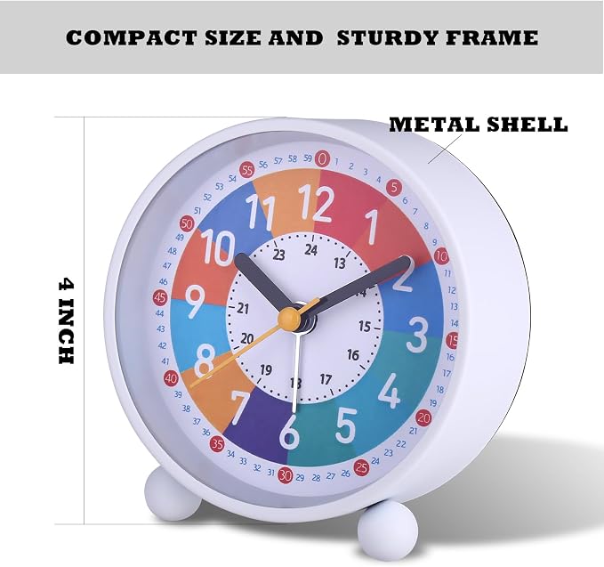 Analog Alarm Clock for Kids Learn to Tell Time with Colorful Dial, Silent Clock Movement, Battery Operated with Back-Light, for Kids,Teens, Travel and Nice Bedroom Decor (White) - Image 6